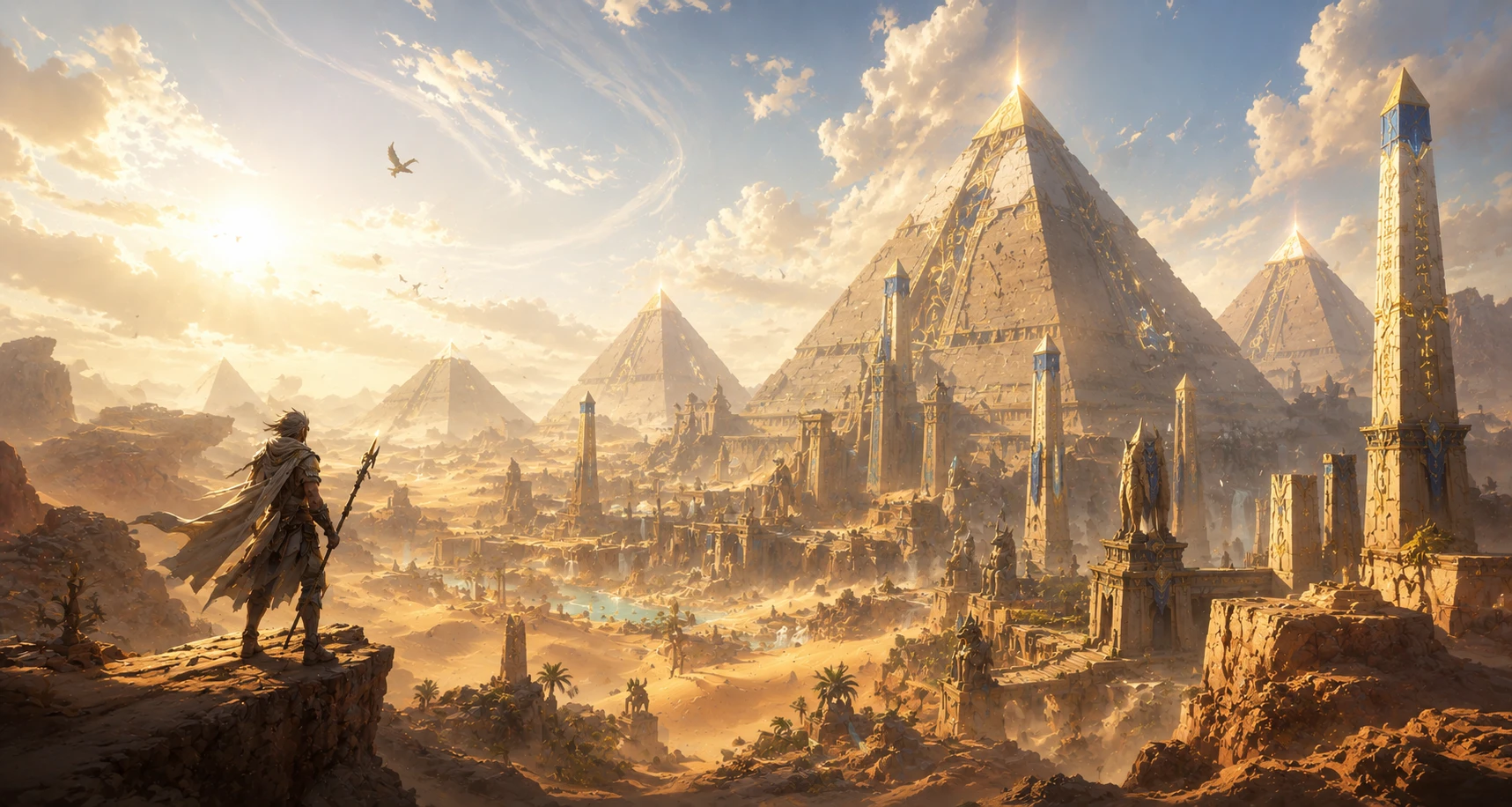 A lone explorer overlooks a sunlit desert metropolis of pyramids and obelisks, the opening exhibit of the PLINTH gallery.