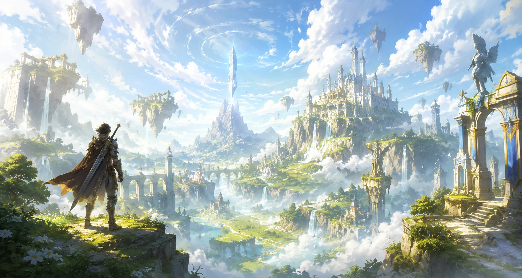 A wanderer surveys a luminous realm of floating islands and distant spires, an open invitation into the gallery's adventure wing.